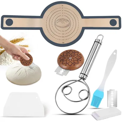 Produktbild von Bäckermesser und dänischer Schneebesen - 5-teiliges Set mit Holzgriff - Backzubehör für Teig und Brot