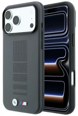 Produktbild von Hülle für iPhone 18 Pro Max / 17 Pro Max, BMW M, blaue Perforiert-Metall-Optik, mit MagSafe, Farbe: Grau