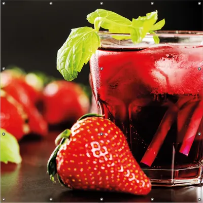 Produktbild von Wallario Outdoor-Poster für Garten oder Balkon, Motiv Erdbeer-Mojito - Frische Erdbeeren, in ca. 180 x 180 cm