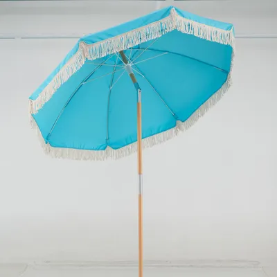 Immagine prodotto di Ombrellone Boho KOMFOTTEU, ombrellone da spiaggia da 180 cm con frange, pulsante di apertura automatica e palo centrale in legno di faggio, inclinabile di 30° su entrambi i lati, ombrellone da giardino, balcone e terrazza