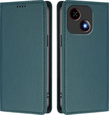 Two views of a teal flip phone case, one showing the front cover and the other showing the back with the camera cutout.