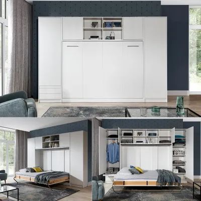 Produktbild von Schrankbett horizontal HB 140 x 200 mit Aufsatz und 2 Schränken weiß Hochglanz Fronten