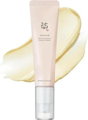 A tube of eye serum with a swatch of the product next to it.