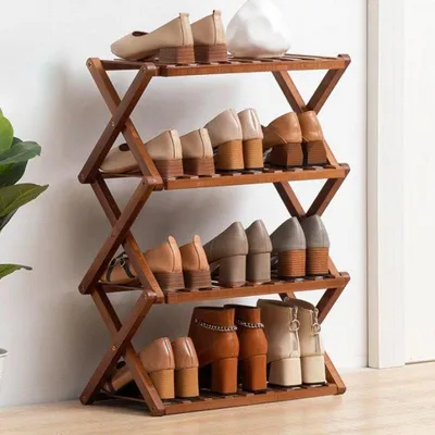 Immagine prodotto di Scaffale pieghevole per scarpe in bambù, marrone, 4 ripiani
