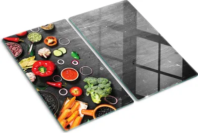 Obrázek produktu pro Kryt varné desky – Kryt na indukční desku – Ochranná skleněná deska – 2x30x52 cm – Skleněné ochranné desky na sporák – Odolná proti poškrábání a nárazům – Snadné čištění – Hygienická – Tvrzené sklo – Protiskluzové nožičky – Zelenina Černá