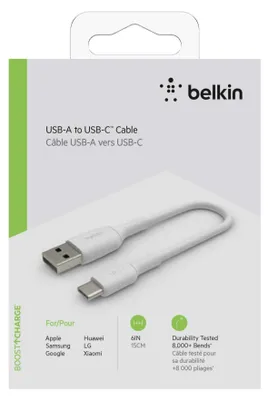Immagine prodotto di Belkin BOOST CHARGE - Cavo USB - da USB-C (M) a USB (M) - 15 cm - bianco