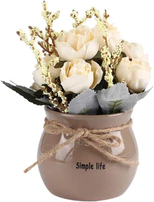 Image de Fleurs artificielles en soie avec un pot en céramique, blanches, 1 pièce, pour salon