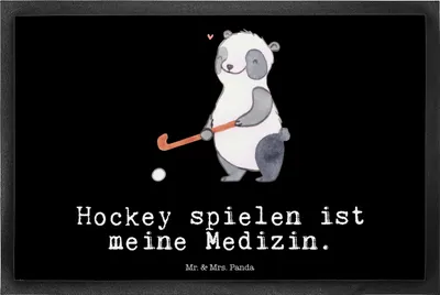 Produktbild von Mr. & Mrs. Panda Schmutzfangmatte Panda Hockey spielen 40 x 60 cm - Schwarz - Geschenk, Hockeyschläger, Schmutzmatte, Gummimatte, Fussmatte, Feldhockey, Bodenvorleger