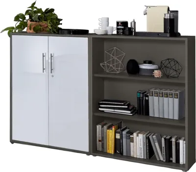 Produktbild von Aktenschrank TABOR 1 niedrig in anthrazit / weiß Hochglanz, Schrankwand, Büroschrank, abschließbar, Metallgriffe