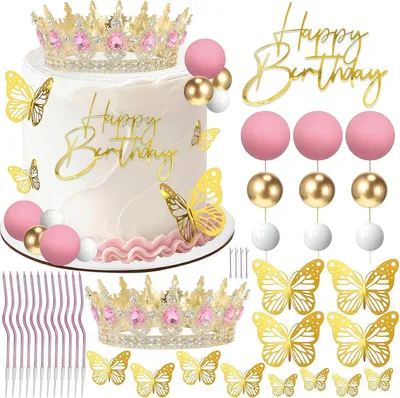 Productafbeelding van Kroon taarttopper - Ballen Happy Birthday taarttopper - Verjaardagskaarsen - Gouden vlinders - Kroon voor taarten - Roze