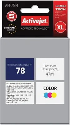 Produktbild von Activejet AH-78N Tintenpatrone (Ersatz für HP 78 C6578D; Höchste; 47 ml; farbe), Hohe (XL-) Ausbeute, Cyan, Magenta, Gelb, Tinte auf Farbstoffbasis, 47 ml, 1 Stück(e), Einzelpackung