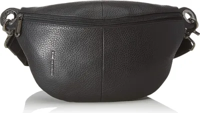 A black leather bum bag is shown against a white background.