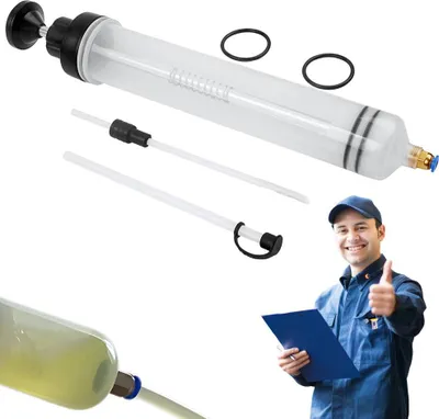 A person in a uniform is giving a thumbs up next to a fluid syringe and its accessories.