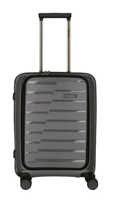 A studio shot of a gray Travelite suitcase.