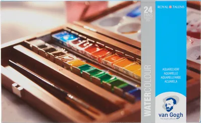A wooden box containing watercolor paints and a brush.