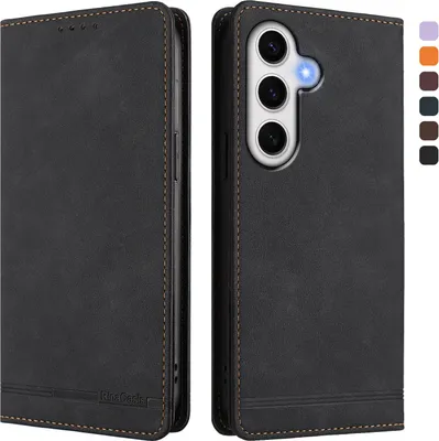 Image de Etui pour Samsung Galaxy S24 FE, étui rétro en cuirPolyuréthaneavec support et fentes pour cartes de crédit Noir