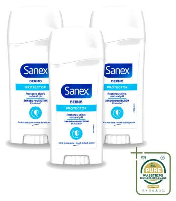 Imagen del producto de 3 unidades de antitranspirante en barra Sanex Dermo Protector, 65 ml cada uno, pack ahorro
