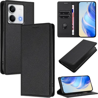 Produktbild von Litchi Leder Handyhülle für Xiaomi Redmi Note 13 5G Wallet Kartenfächer Standfunktion Hülle Schwarz