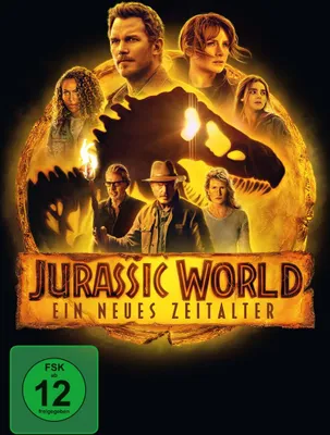 Movie poster for Jurassic World: Dominion, featuring the main cast and a dinosaur.