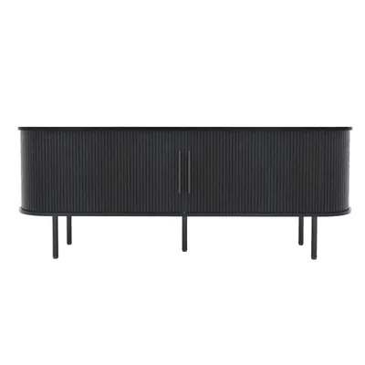 Produktbild von TV-Schrank mit Relief-Oberfläche, Spanplatte, ovaler Tischplatte, Schiebe-Gittertür, 147×35×58 cm, Schwarz