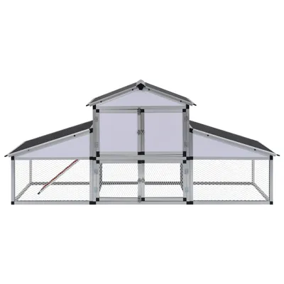 A front view of a white and gray chicken coop with a black roof, set against a white background.