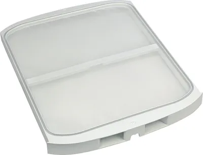 A white dryer lint filter with a gray trim, shown from a slightly elevated angle against a white background.