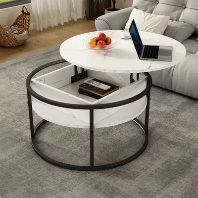 A modern living room scene with a marble-patterned coffee table.