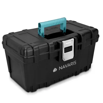 A black toolbox with a teal handle and silver latch is shown against a white background.