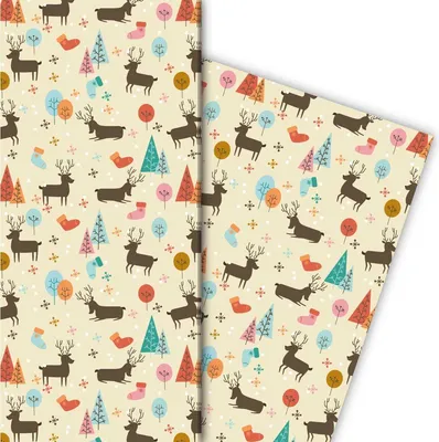 Produktbild von Niedliches Geschenkpapier mit Hirschen im Wald in beige - G6325, 32 x 48cm