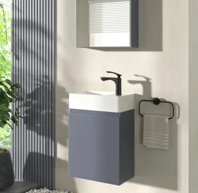 Produktbild von Gäste-WC Waschbecken mit Unterschrank – 46 cm breites Badmöbelset, Keramik Waschtisch in Anthrazit, Soft-Close, Waschbecken für rechte Hand