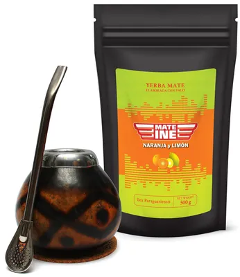 Immagine prodotto di Set per tè Mateine Mate - Tè Yerba Mate del Paraguay Mateine Naranja y Limon 500 g - Tazza naturale per tè Mate Calabaza - Cannuccia Bombilla 19 cm