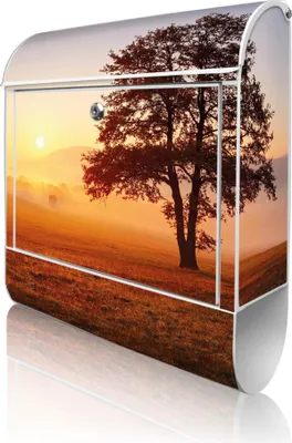 Zdjęcie produktu dla banjado Design Skrzynka pocztowa stalowa biała z przegródką na gazety, malowana proszkowo „Sonnenaufgang” 38 x 46 x 12,5 cm i 2 klucze – skrzynka pocztowa A4 z otworem na listy, wraz z materiałami montażowymi [BK 12297]