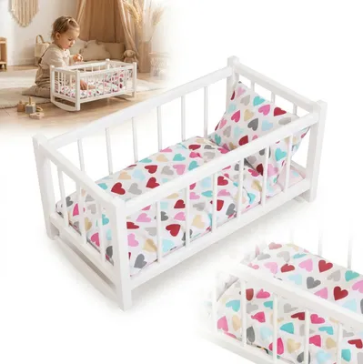 Produktbild von HOLZWIEGE, WEISSES Puppenbett mit Matratze und Bettzeug in einem großen Herzen