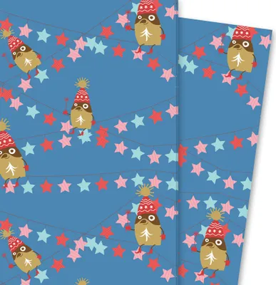 Produktbild von Nettes Weihnachts Geschenkpapier mit Pinguin und Sternen, blau - G4198, 32 x 48cm