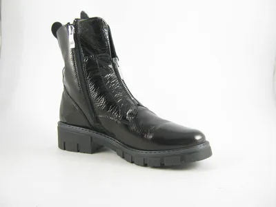 A black patent leather boot with a zipper closure, shown on a white background.