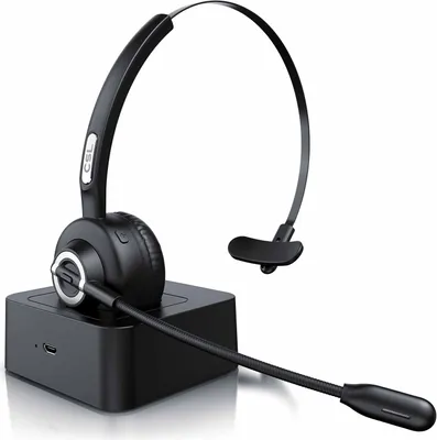 A black wireless headset with a microphone and charging station is shown against a white background.