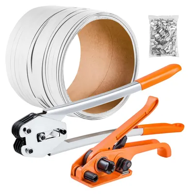 Image de Kit de cerclage - Appareil de cerclage manuel 4 pièces - 100 m de feuillard PET - 100 agrafes métalliques/chapes - Avec tendeur et coupe-feuillard - Pour l'emballage et le transport