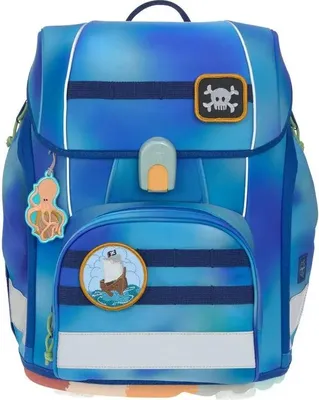 A blue and green gradient school backpack with pirate-themed patches.
