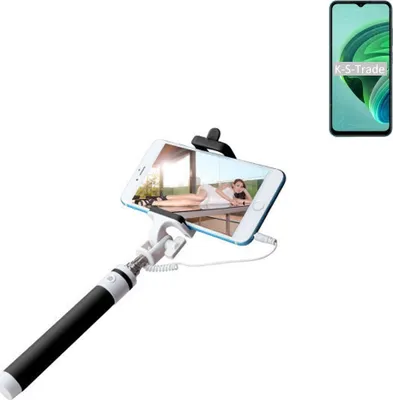Produktbild von K-S-Trade Selfie Stick kompatibel mit Xiaomi Redmi 10 5G Selfiestick kabelgebunden Monopod mit Kabel Stab Stange Selfportrait Handheldstick schwarz