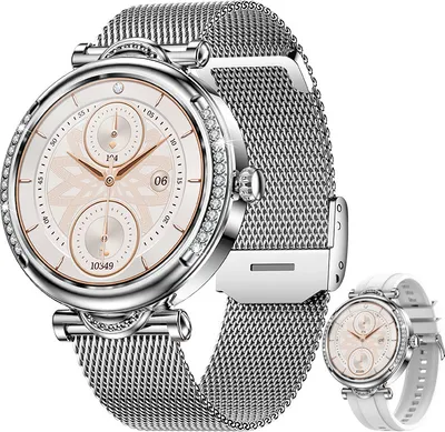 Obrázek produktu pro Smartwatch pro ženy, hodinky s měřením srdečního tepu a krevního tlaku, příjem/aktivace hovorů, vodotěsný krokoměr pro telefon Android iOS, ženy, stříbrná