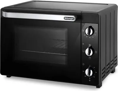 A black De Longhi electric oven is shown from a front-side angle against a white background.