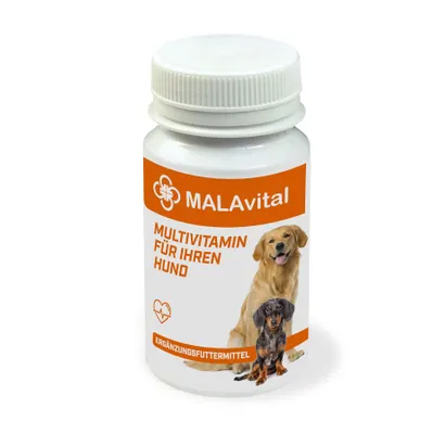 Produktbild von Malavital – Multivitamin für Hunde – Ergänzungsfuttermittel zur Unterstützung von Immunsystem, Gelenken, Haut – Vitamine A, B, C, D3 für Hunde – 90 St