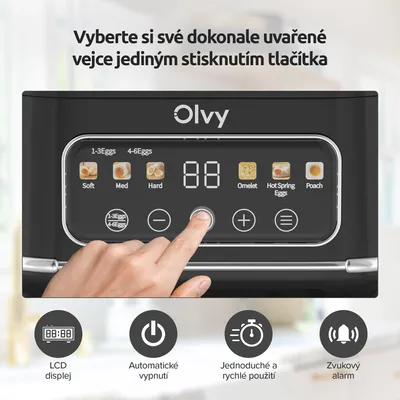 Obrázek produktu pro Vařič vajec Olvy na 1-6 vajec s funkcí omelety a pošírování - LCD časovač, automatické vypnutí, bez BPA, snadno se čistí, elektrický a kompaktní