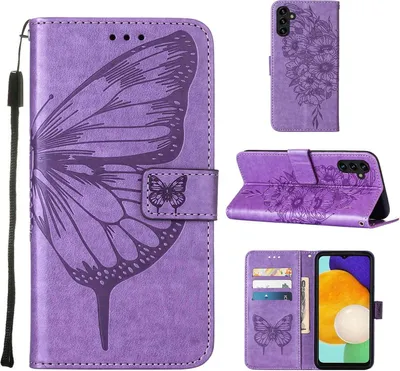 Produktbild von Galaxy A13 5G Hülle, Schmetterling Prägung Flip Leder Kartenfächer Schutzhülle Ledertasche mit Ständer für Samsung Galaxy A13 5G Violett