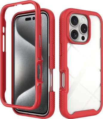 Produktbild von iPhone 16 Pro Hülle, Hybrid Transparente Rückseite TPU Bumper Stoßfest Schutzhülle für iPhone 16 Pro Rot