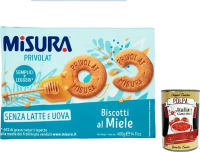 Produktbild von 12x Misura Privolat al miele Honig kekse, ohne Milch und Eier, biscuit cookies 400g + Italian Gourmet polpa 400g