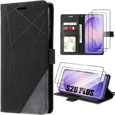 Image de Coque + 2 Verres Trempés pour Samsung Galaxy S26 Plus, Protection Anti-Rayures Effet Cuir - Bicolore Noir Gris