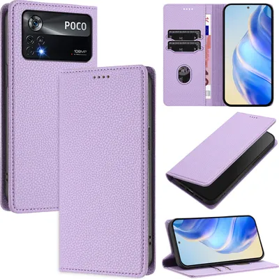 Produktbild von Litchi Leder Handyhülle für Xiaomi Poco X4 Pro 5G Wallet Kartenfächer Standfunktion Hülle Violett