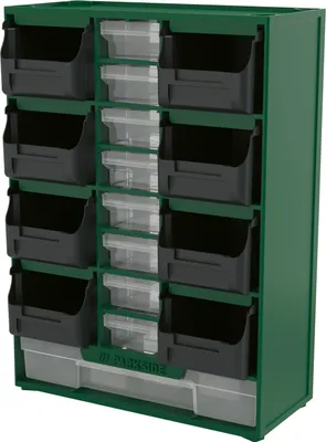A green storage cabinet with multiple compartments for small items.