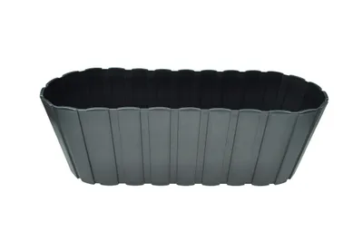 A dark gray oval planter box with a ribbed texture, shown from a slightly elevated side view against a white background.